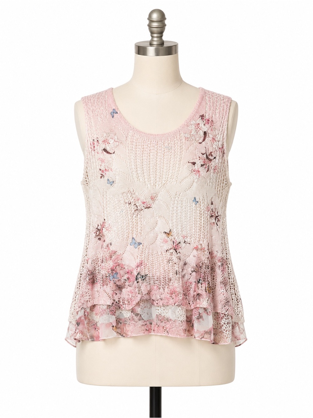 Women’s Pink Sleeveless Top Open Knit Floral/Butterfly Patterned Overlay Casual